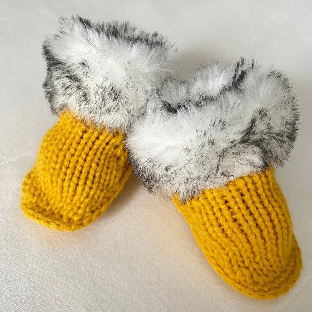 Cozy Golden Yellow Knit Baby Booties with Faux Fur Trim